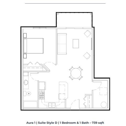 Floor plan for 1 bed, 1 bath, 739 sqft